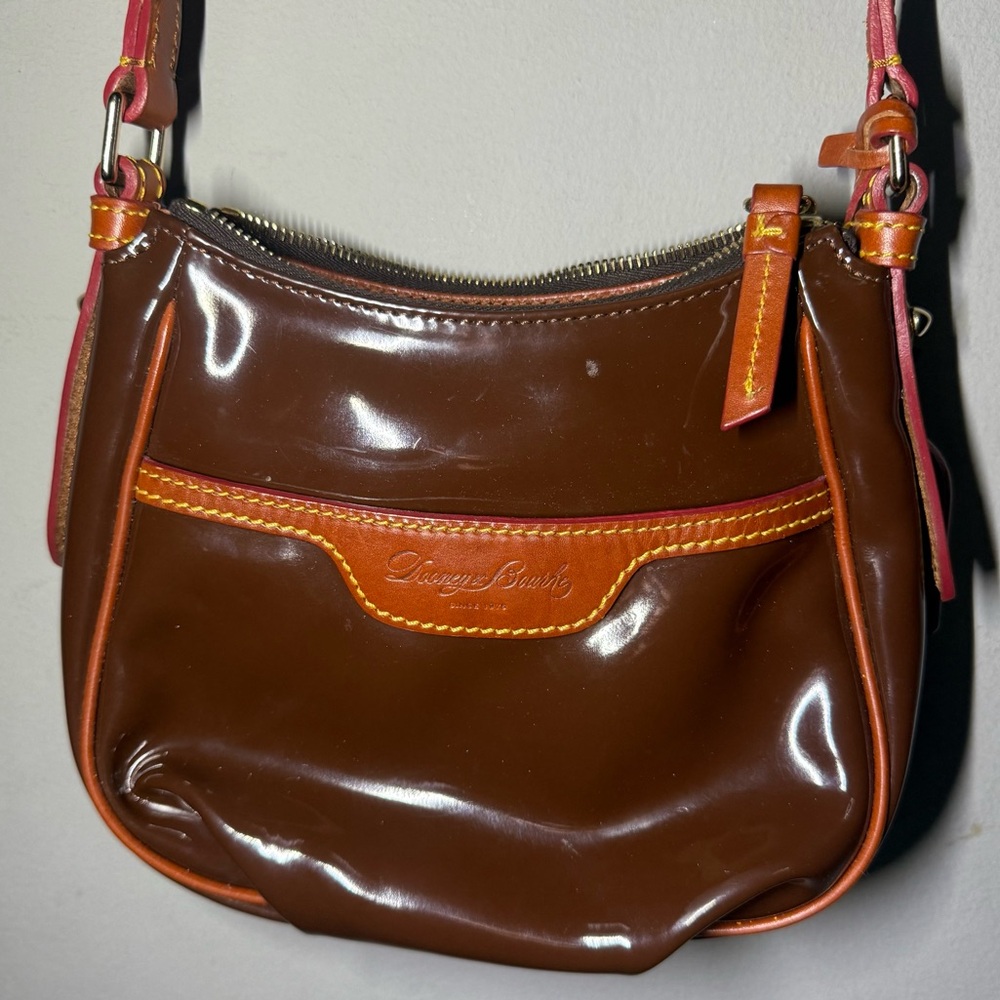 Dooney & Bourke Mini Margot Crossbody Bag Shiny Brown Exterior, Red Interior